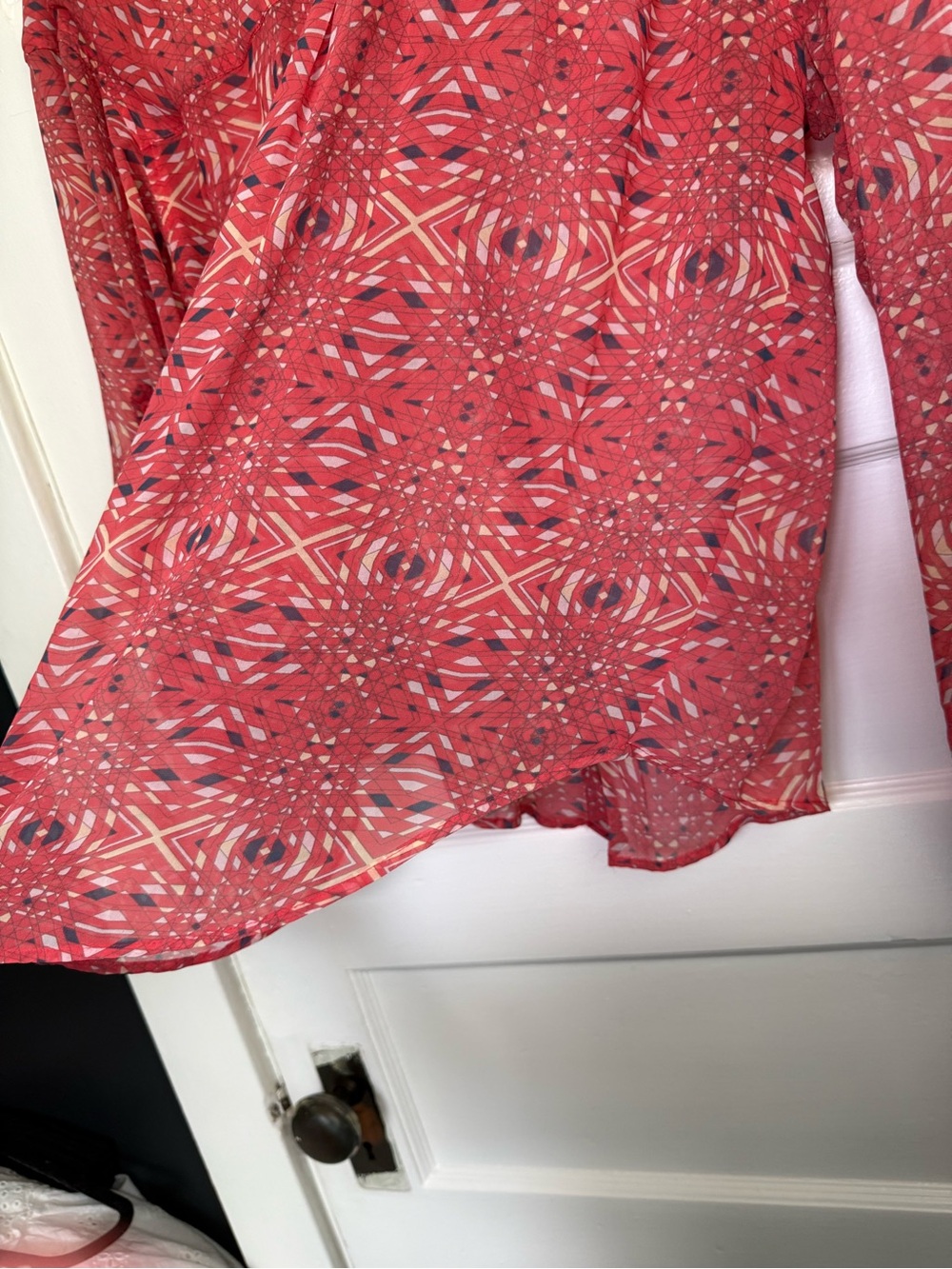 Free People Easy Rider Sheer Chiffon Coral Geometric Print Button-Down Shirt M - Picture 12 of 13